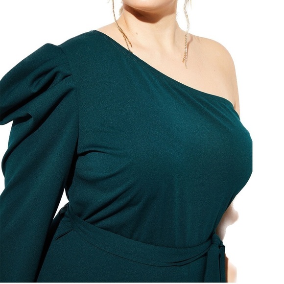 ASHLEY Stewart Size 26-32W Green Puff Sleeve One Shoulder Jumpsuit (T19.10) - Picture 3 of 6